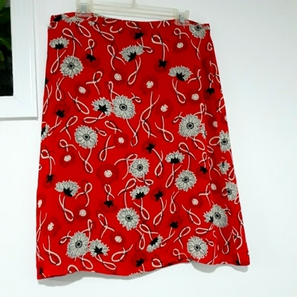 Laura Clark Skirt Floral Lining in Red and White Side Zipper Skirt Size Large